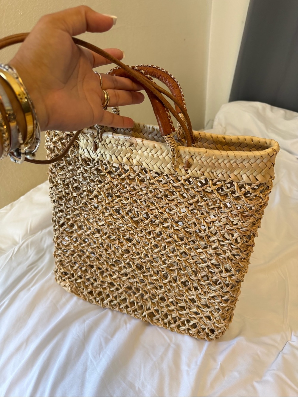 Woven Straw Tote with Brown Leather-Wrapped Handles - Picture 6 of 12